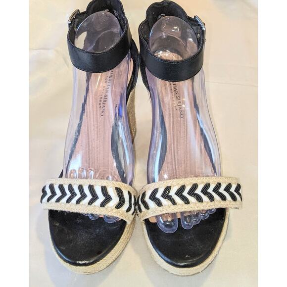 Christian Siriano Espadrille Wedge Sandal Black White Chevron Sz 9.5 Ankle Strap - Picture 3 of 11